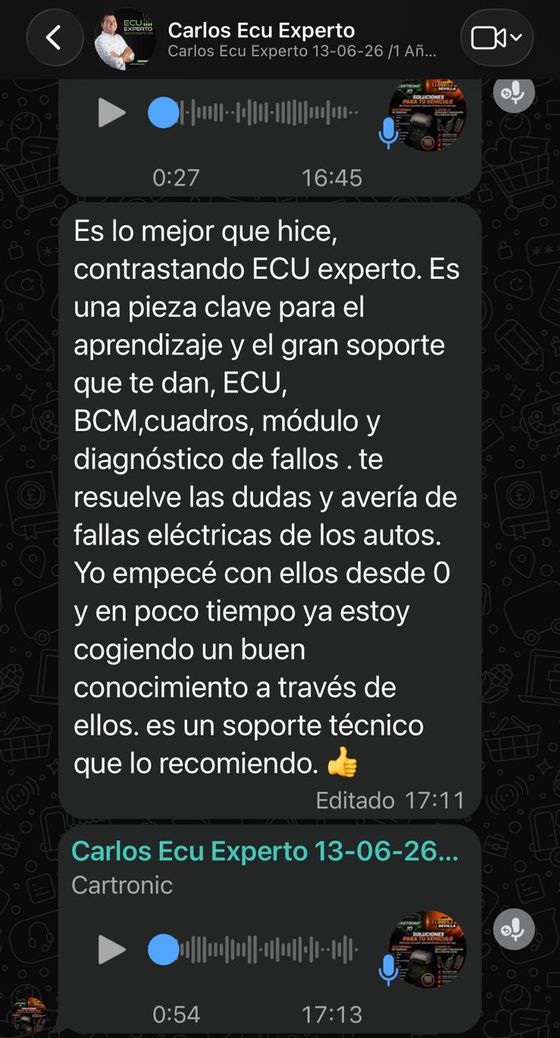 Mensaje de WhatsApp de Carlos recomendando ECU EXPERTO