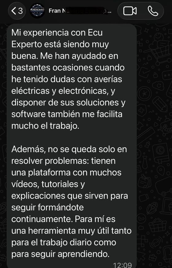 Mensaje de WhatsApp de Fran recomendando ECU EXPERTO