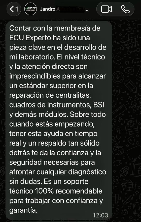 Mensaje de WhatsApp de Jandro recomendando ECU EXPERTO