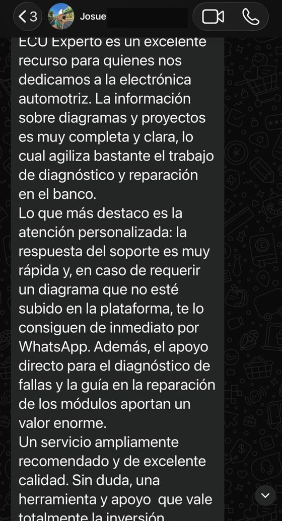 Mensaje de WhatsApp de Josué recomendando ECU EXPERTO