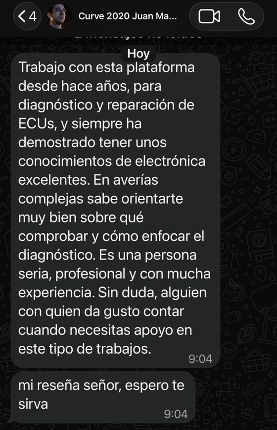 Mensaje de WhatsApp de Juan recomendando a Diego Lamas