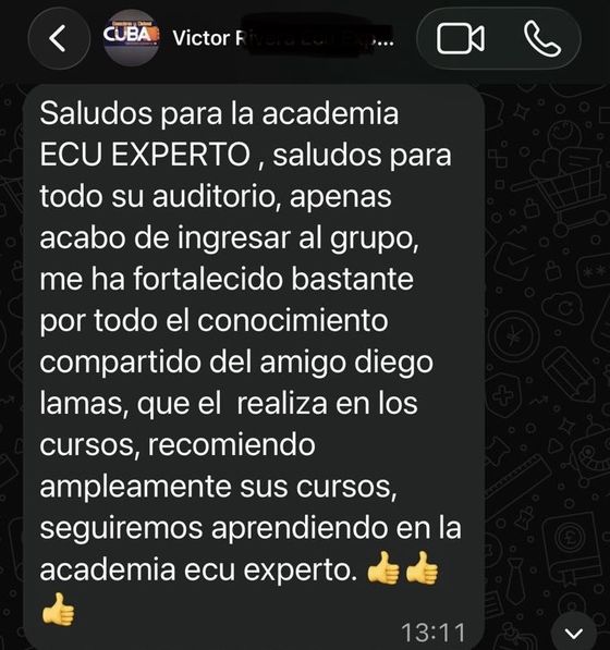 Mensaje de WhatsApp de Víctor recomendando los cursos de ECU EXPERTO
